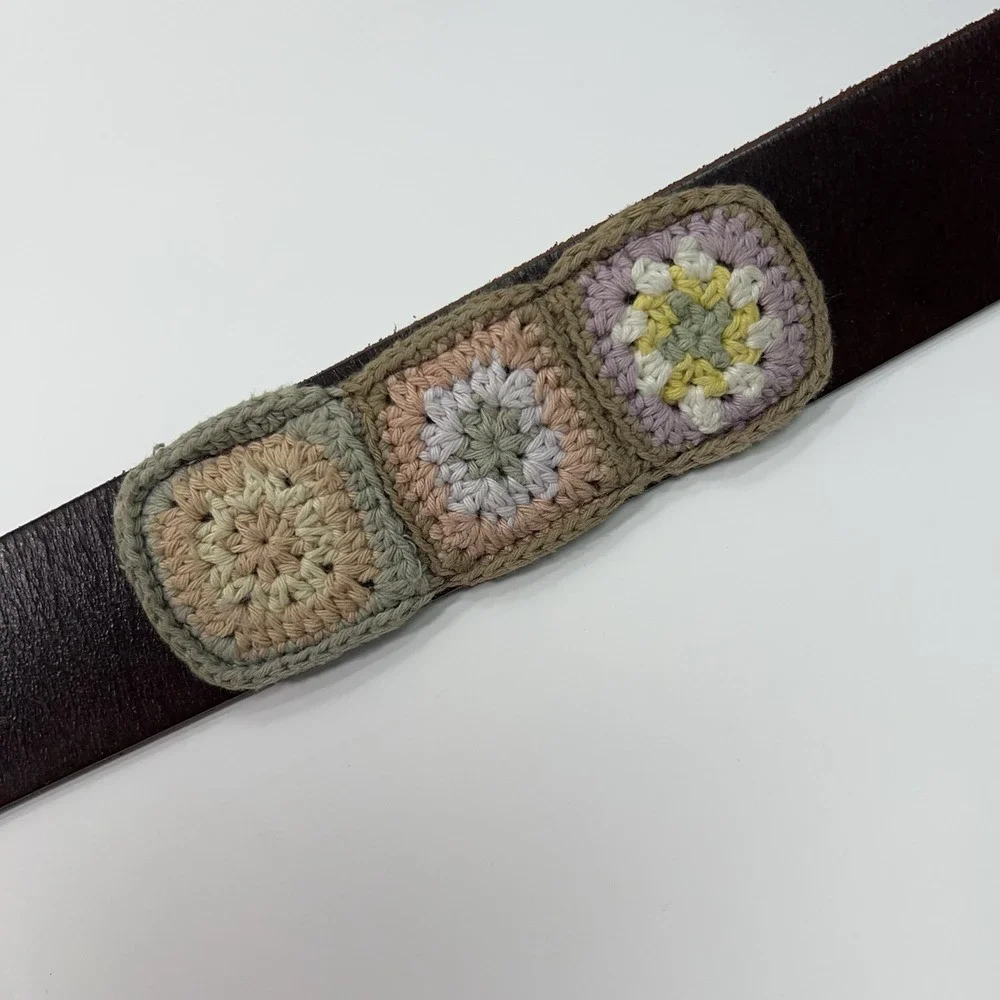 ELISE‎ M Genuine Leather Brass Buckle Belt Crochet Squares Pastel Size S/M 40
